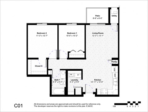 Floor plan for 2 beds, 1 bath, 858 sqft